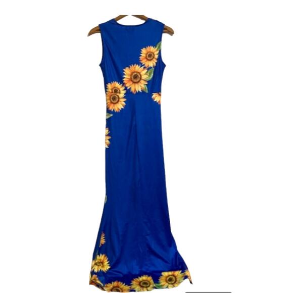 New! Blue SUNFLOWER Ruched Dress - Low Cut Flower Slit Maxi - Small - Picture 8 of 10
